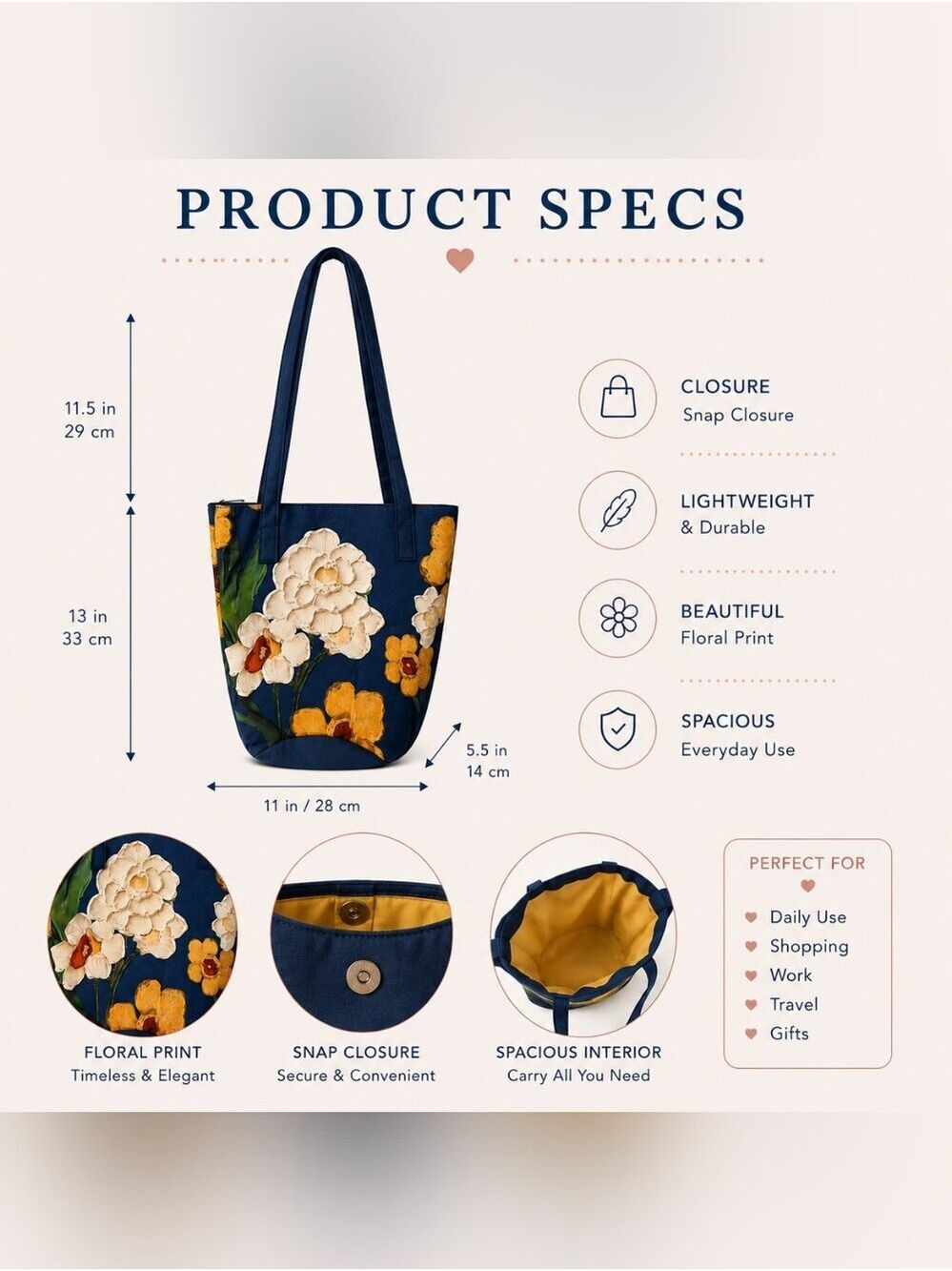 Navy Linen Tote with Yellow Floral Accents - Picture 6 of 6
